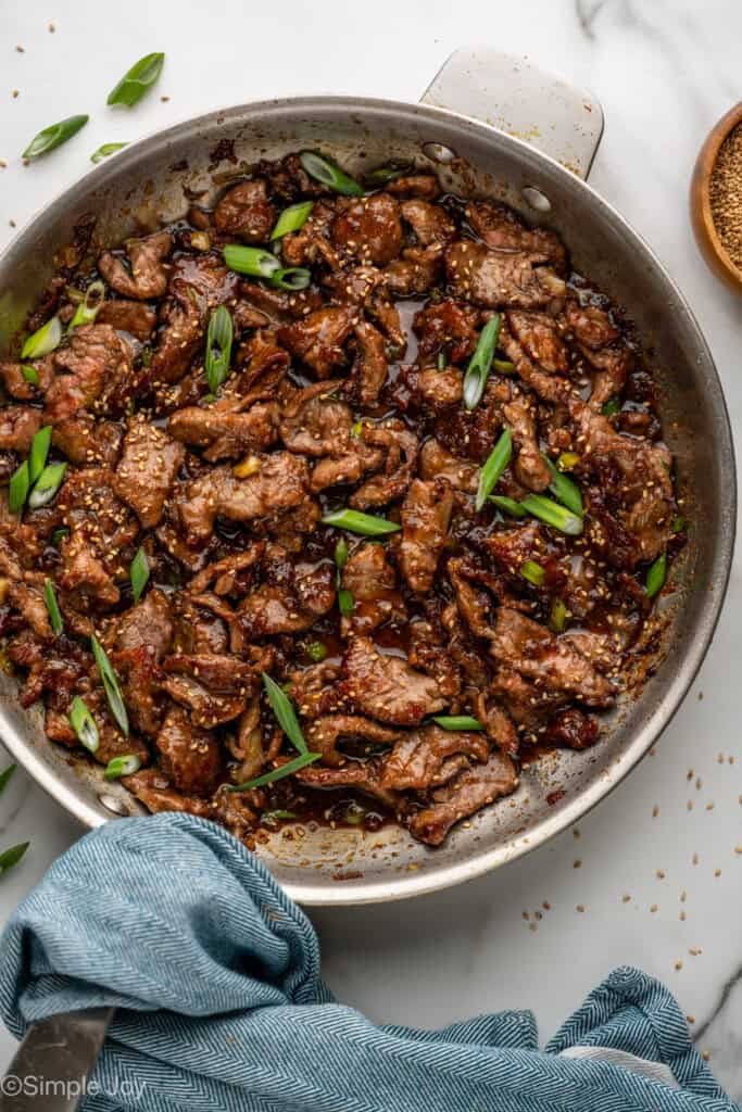 Overhead of Mongolian Beef in a skillet