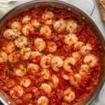 Pinterest graphic for Shrimp Fra Diavolo. Says "the best Shrimp Fra Diavolo simplejoy.com" Image shows overhead of skillet of Shrimp Fra Diavolo