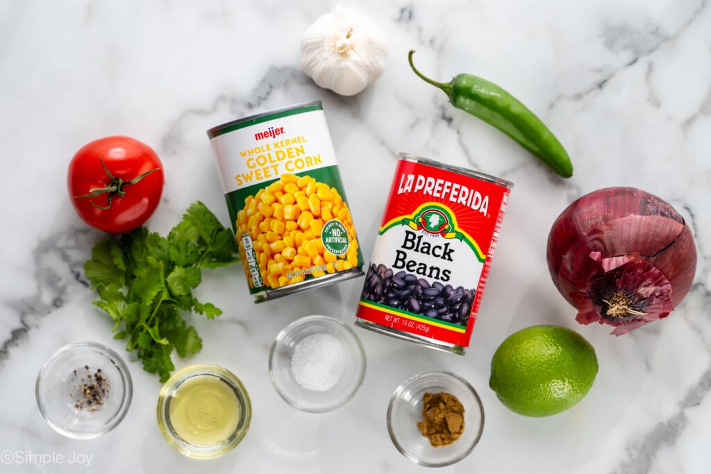 Overhead of Black Bean and Corn Salsa ingredients