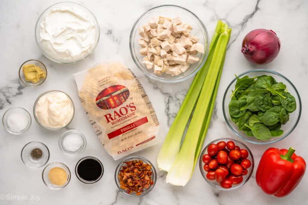 Overhead of Chicken Pasta Salad ingredients