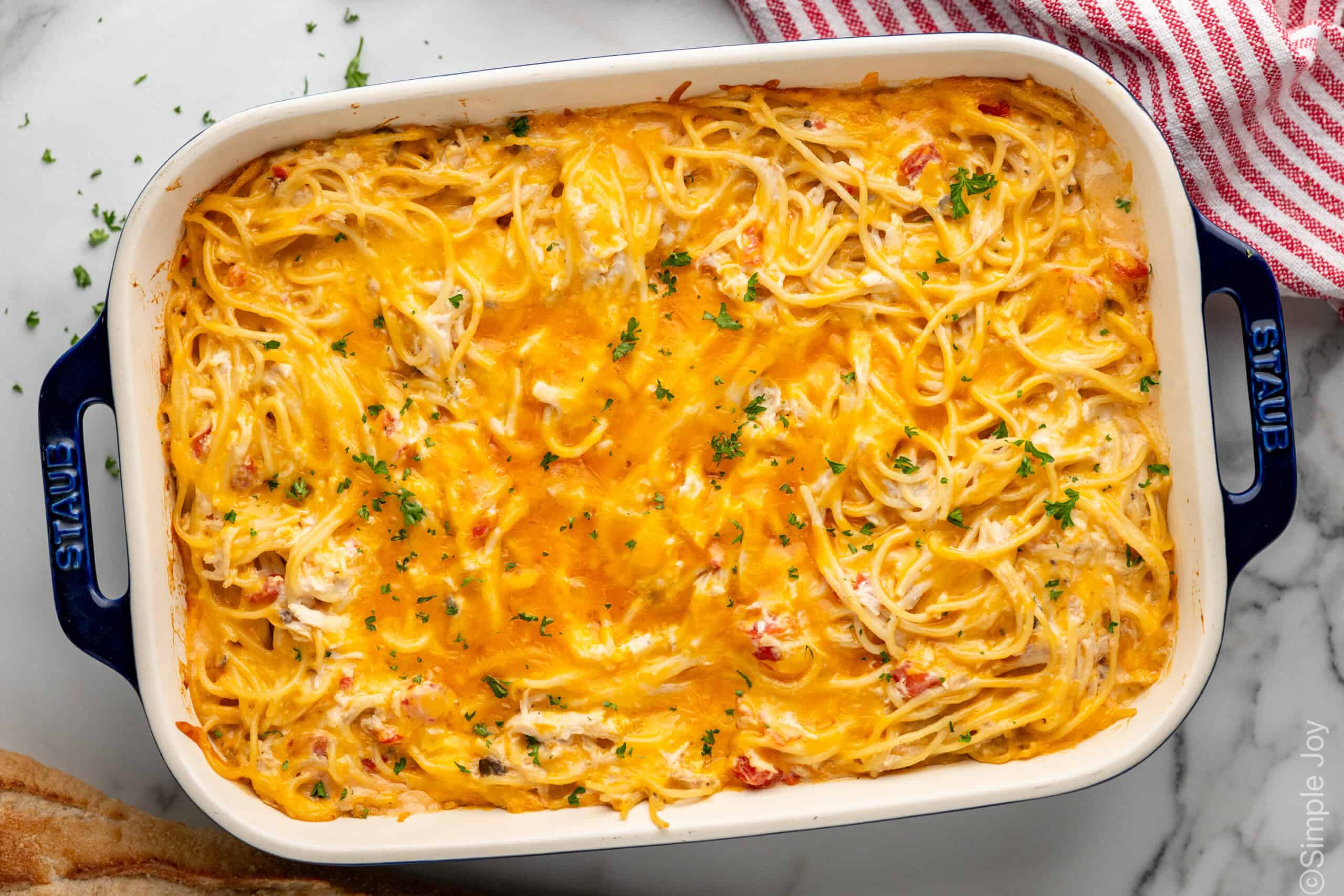 overhead of baking dish of Chicken Spaghetti
