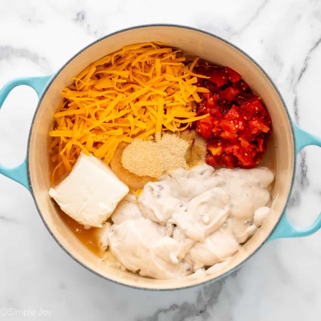 overhead of ingredients for chicken spaghetti in a pot