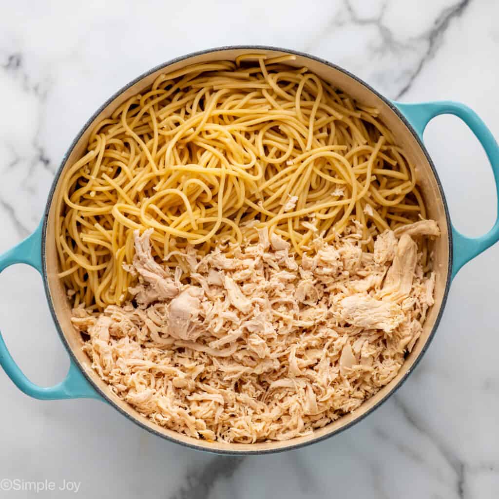 overhead of spaghetti and chicken in a pot