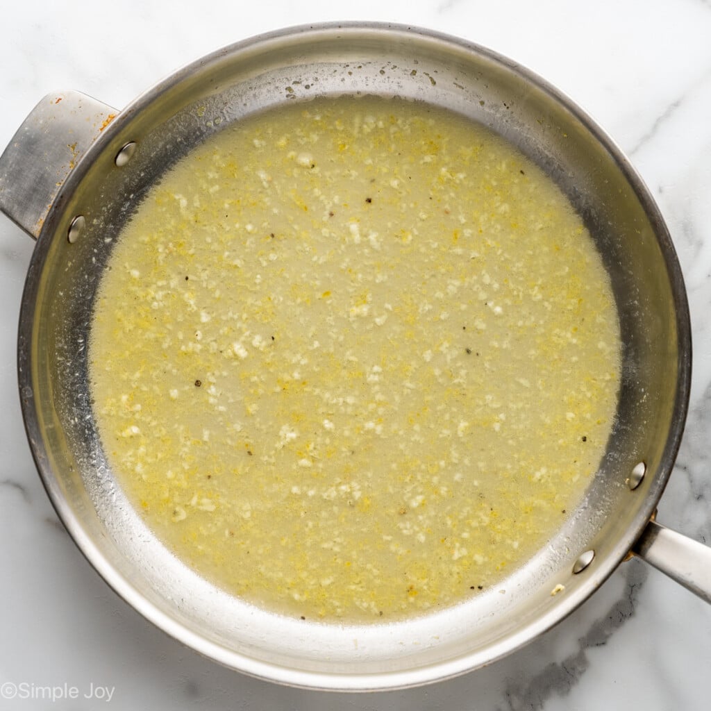 Overhead of lemon pasta ingredients in a skillet to make lemon pasta recipe