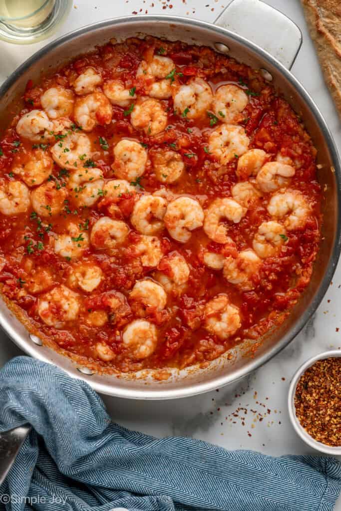 Overhead of skillet of Shrimp Fra Diavolo