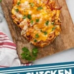 Pinterest graphic for BBQ Chicken Flatbread Pizza. Image shows overhead of BBQ Chicken Flatbread Pizza on wooden cutting board. Says "BBQ Chicken Flatbread Pizza simplejoy.com"