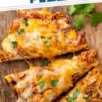 Pinterest graphic for BBQ Chicken Flatbread Pizza. Says "delicious BBQ Chicken Flatbread Pizza simplejoy.com" Image shows overhead of sliced BBQ Chicken Flatbread Pizza garnished with fresh cilantro.