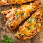 Pinterest graphic for BBQ Chicken Flatbread Pizza. Image shows BBQ Chicken Flatbread Pizza on a wooden board garnished with fresh cilantro. Says "super easy BBQ Chicken Flatbread simplejoy.com"