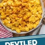 Pinterest graphic for Deviled Egg Potato Salad. Image shows overhead of bowl of Deviled Egg Potato Salad on a wooden cutting board. Says "Deviled Egg Potato Salad simplejoy.com"