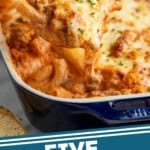 Pinterest graphic for Five Ingredient Baked Ziti. Image shows wooden spoon scooping Five Ingredient Baked Ziti out of baking dish. Says "Five Ingredient Baked Ziti simplejoy.com"