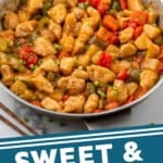 Pinterest graphic for Sweet and Sour Chicken. Image shows skillet of Sweet and Sour Chicken with bowl of white rice sitting beside. Says "Sweet and Sour Chicken simplejoy.com"