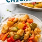 Pinterest graphic for Sweet and Sour Chicken ingredients. Says "super easy Sweet and Sour Chicken simplejoy.com" Image shows plate of white rice topped with Sweet and Sour Chicken