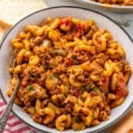 Bowl of American Chop Suey recipe with fork