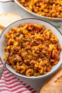Bowl of American Chop Suey recipe with fork