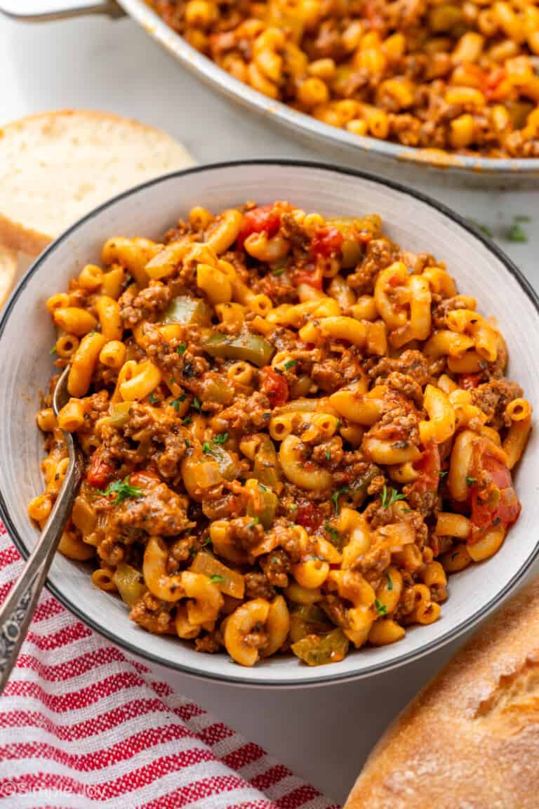 Bowl of American Chop Suey recipe with fork