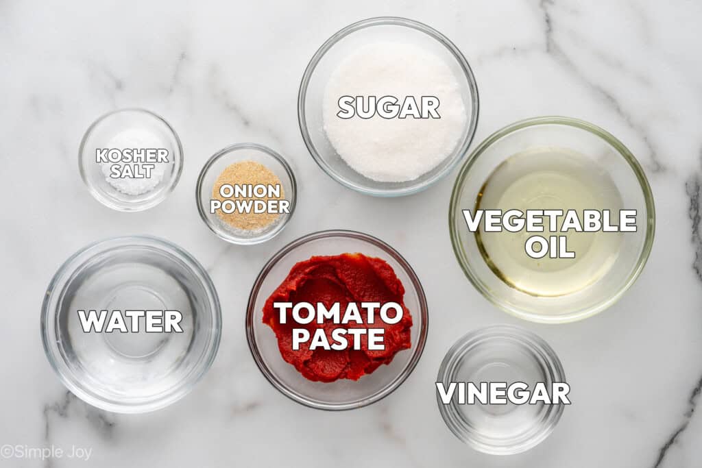 overhead of bowls of ingredients, labeled, to make Catalina dressing