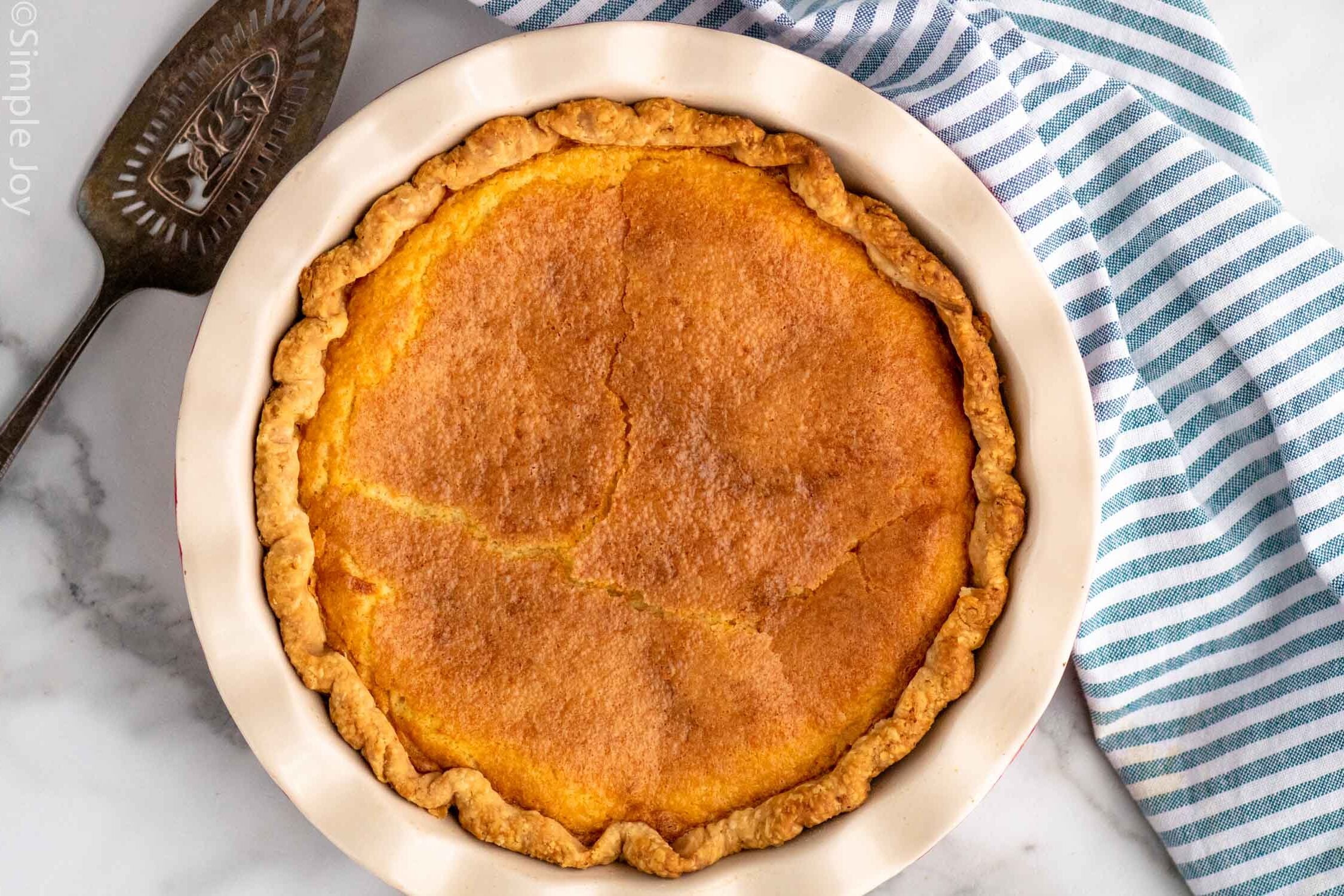 Overhead view of Chess Pie with a serving spatula beside
