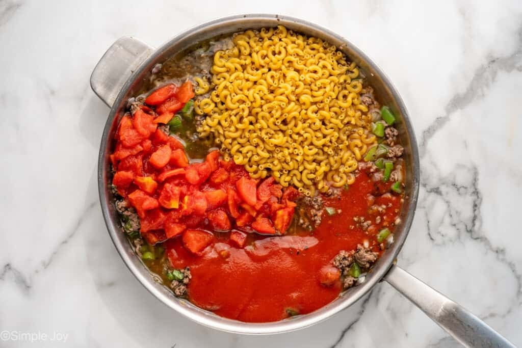 Overhead of skillet of American Chop Suey recipe ingredients