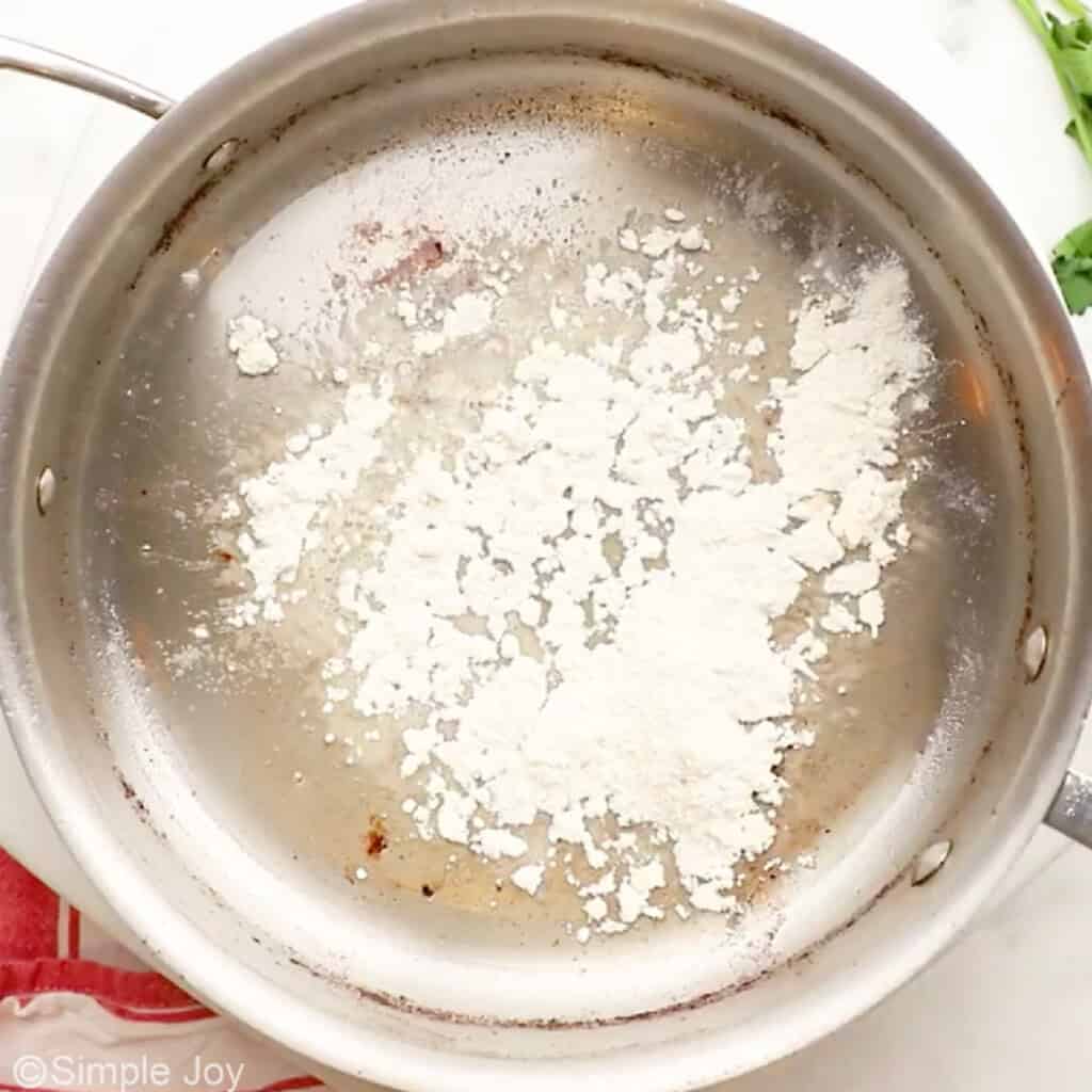 Overhead of skillet of oil and flour to make country gravy for Chicken Fried Steak