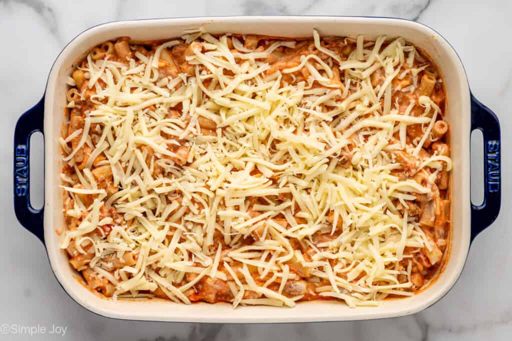 overhead of baking dish of Five Ingredient Baked Ziti ingredients