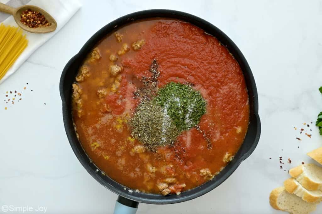 Overhead of one pot spaghetti recipe ingredients