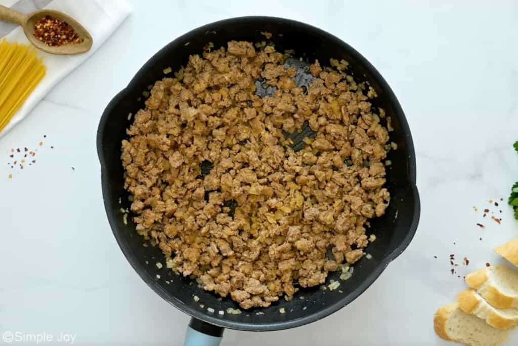 Overhead of skillet of One Pot Spaghetti ingredients