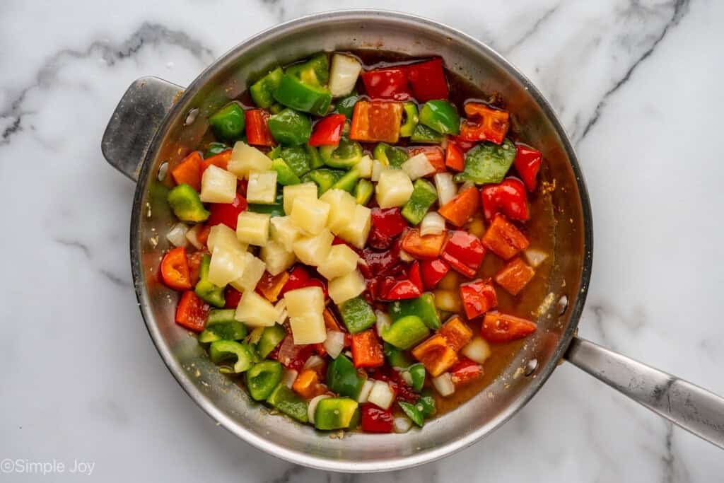 Overhead of skillet of Sweet and Sour Chicken ingredients