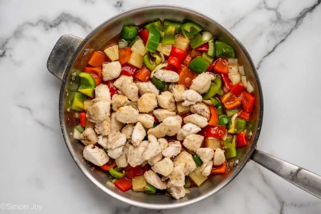 Overhead of skillet of Sweet and Sour Chicken ingredients
