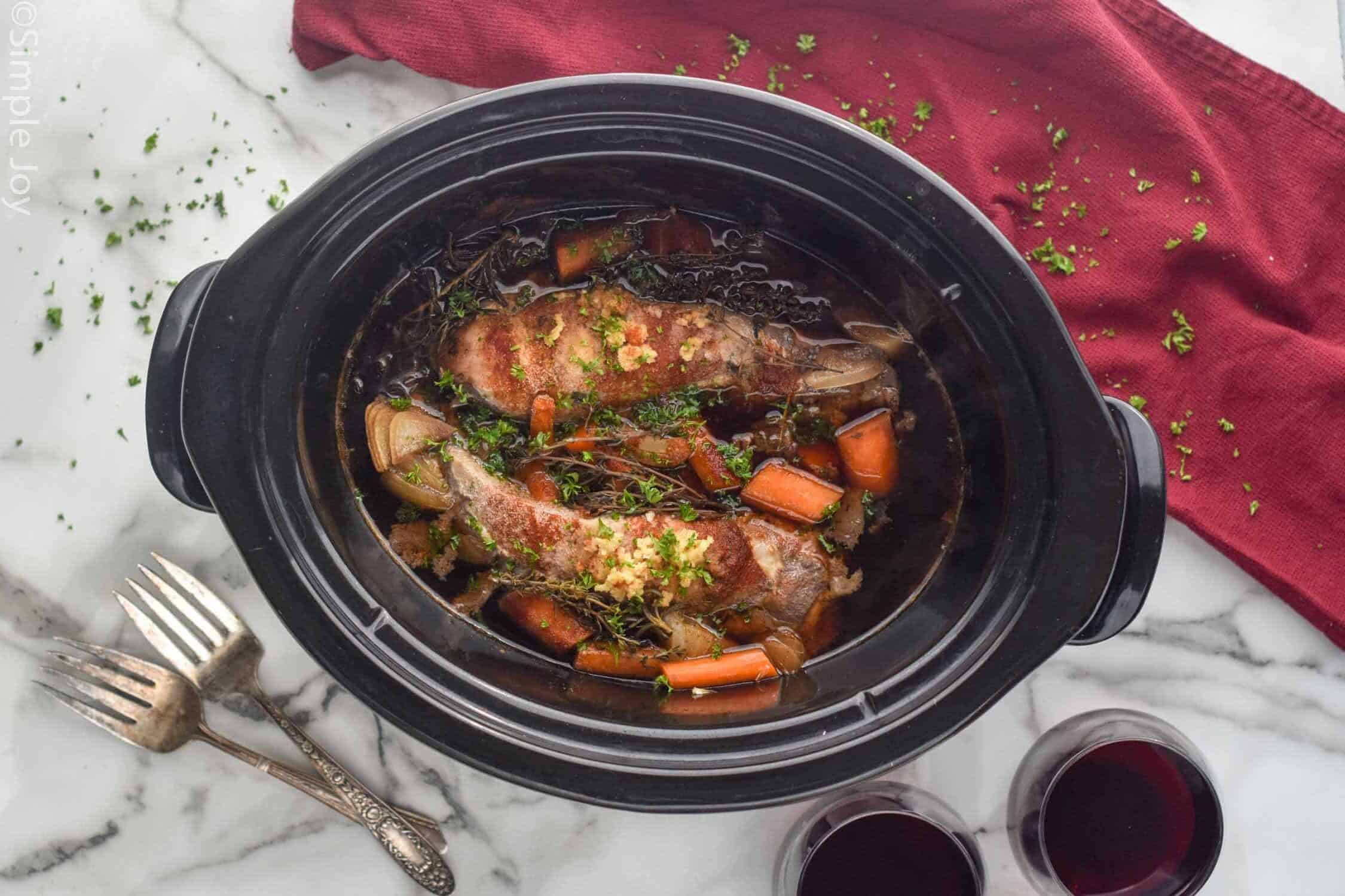 overhead photo of slow cooker pork tenderloin in the crock pot