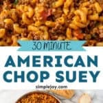Pinterest graphic of American chop suey, says: 30 minute American chop suey simplejoy.com