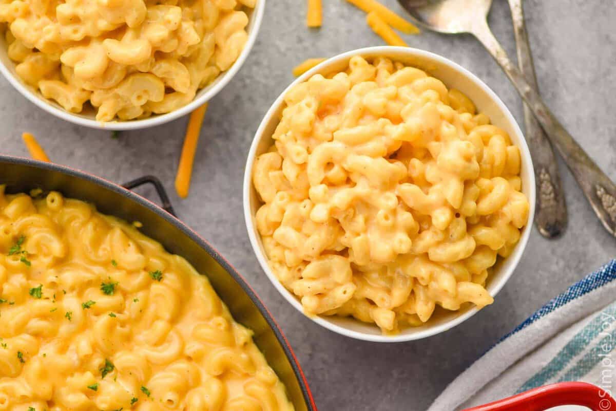 overhead view of a white bowl full of macaroni and cheese