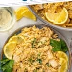 Pinterest graphic for One Pot Lemon Chicken and Orzo. Says "One Pot Lemon Chicken and Orzo simplejoy.com" Image shows overhead of plate of One Pot Lemon Chicken and Orzo garnished with fresh parsley and lemon slices