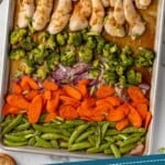 Pinterest graphic for Honey Garlic Chicken and Vegetables. Image shows overhead of baking sheet of Honey Garlic Chicken and Vegetables. Says "sheet pan Honey Garlic Chicken and Veggies simplejoy.com"