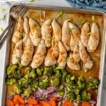 Pinterest graphic for Honey Garlic Chicken and Vegetables. Says "Sheet Pan Honey Garlic Chicken and Veggies simplejoy.com" Image shows overhead of baking sheet of Honey Garlic Chicken and Vegetables
