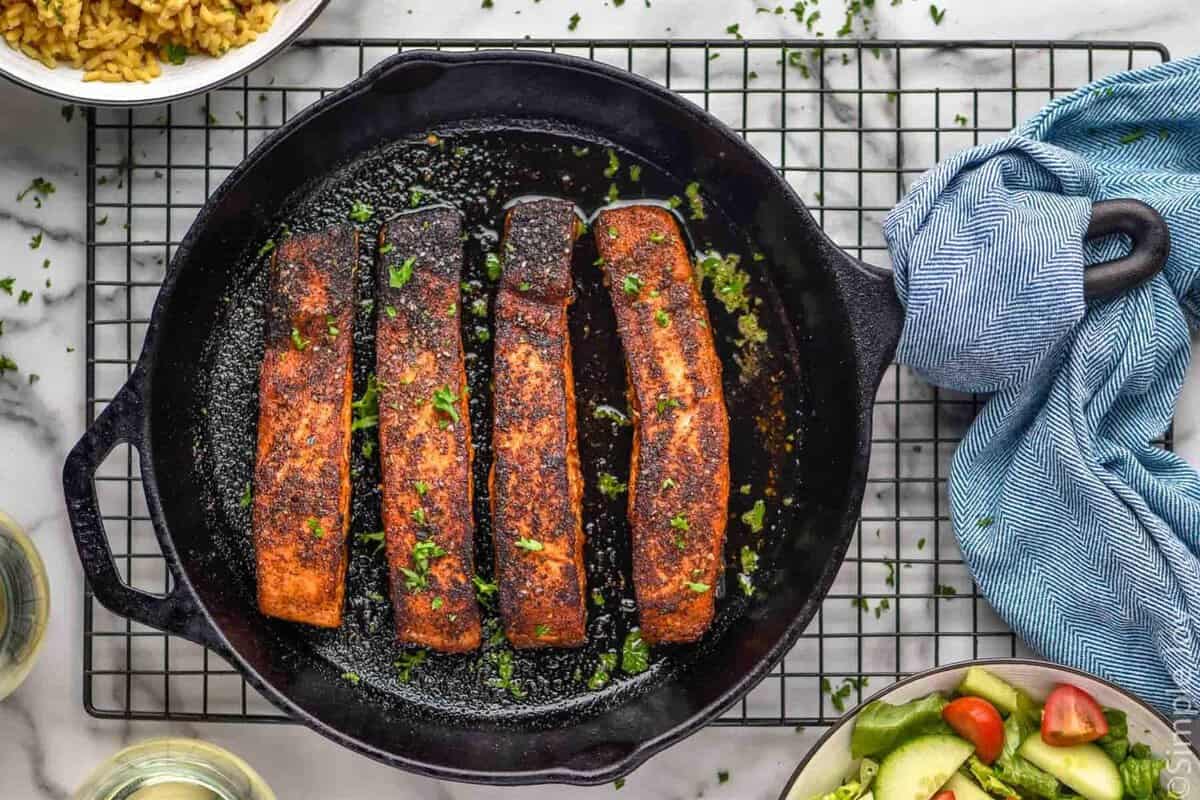 Overhead photo of Blackened Salmon in a skillet