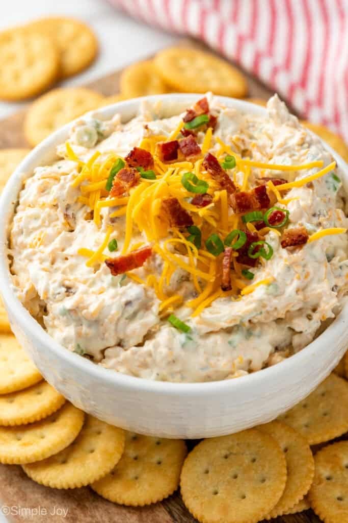 Bowl of crack dip garnished with shredded cheese, bacon, and chives surrounded by crackers.