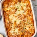 Overhead of baking dish of Five Ingredient Baked Ziti