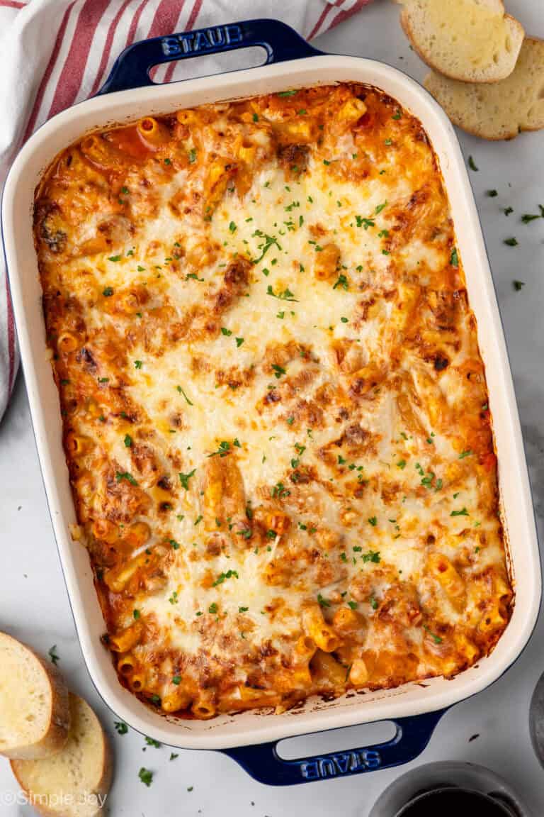 Overhead of baking dish of Five Ingredient Baked Ziti