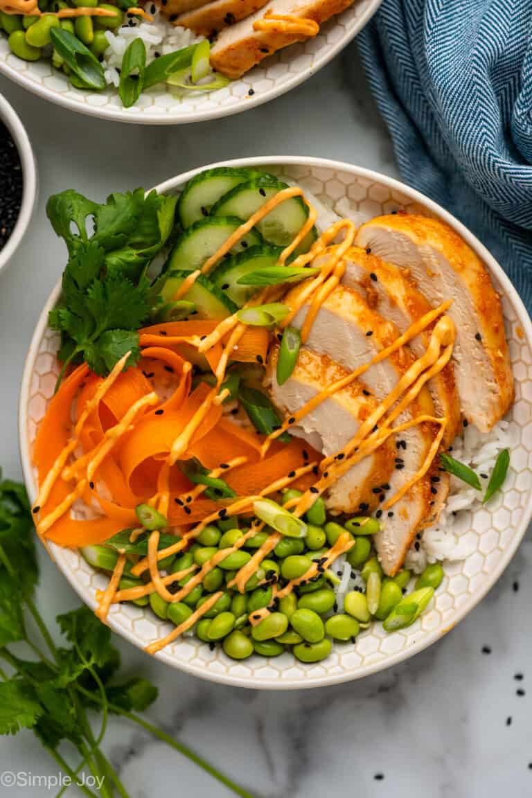 Overhead of bowl of Honey Sriracha Chicken Bowl ingredients