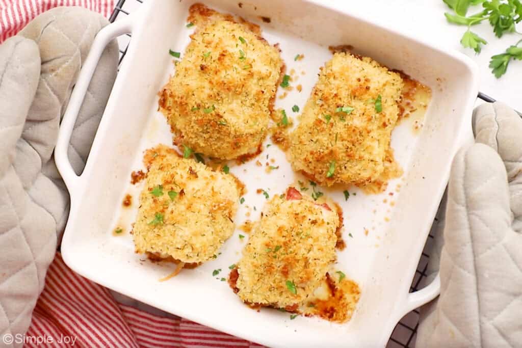 Overhead of baking dish of chicken cordon bleu