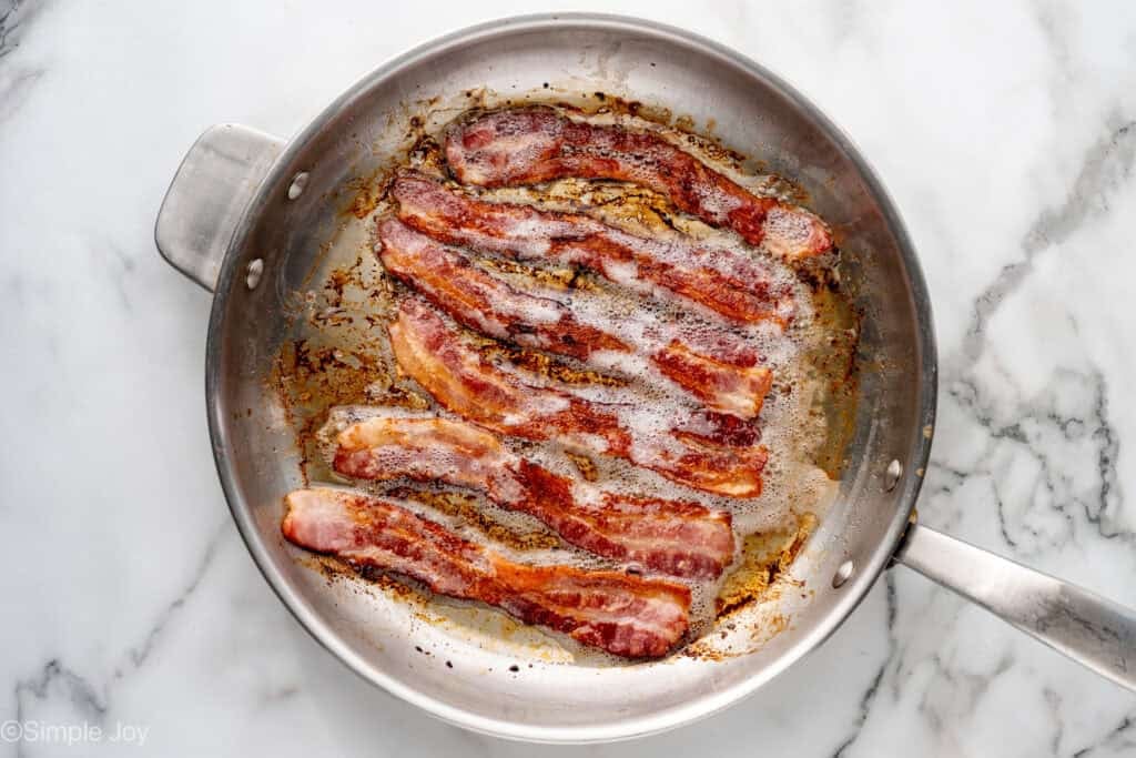Overhead of skillet of bacon to make crack dip recipe