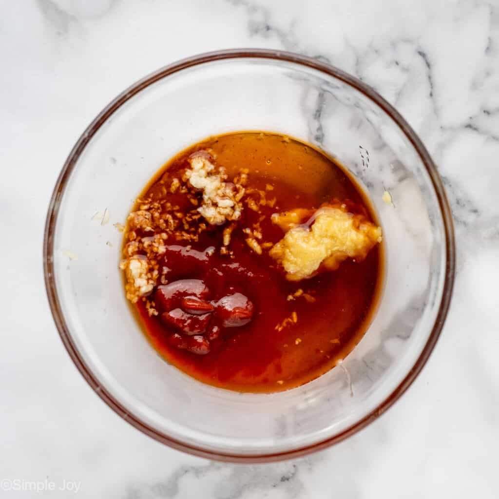 Overhead of bowl of Honey Sriracha Chicken Bowl ingredients