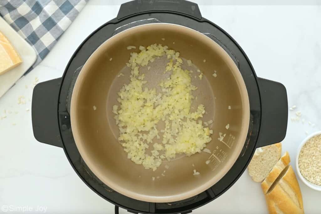 Overhead of instant pot of Instant Pot Risotto recipe ingredients