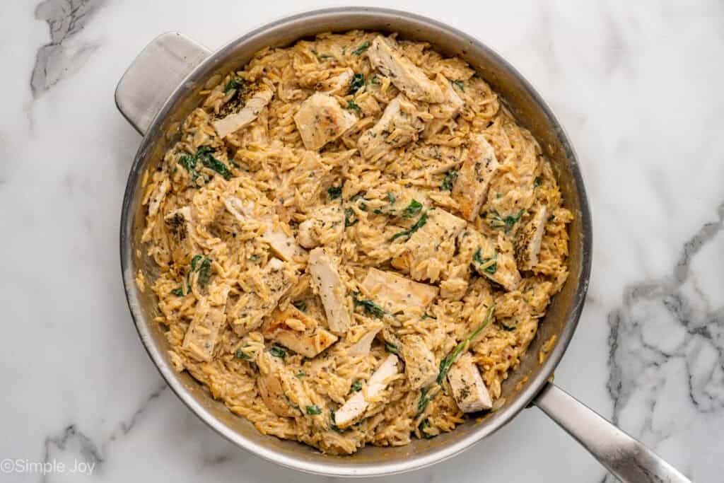 Overhead of skillet of One Pot Lemon Chicken and Orzo