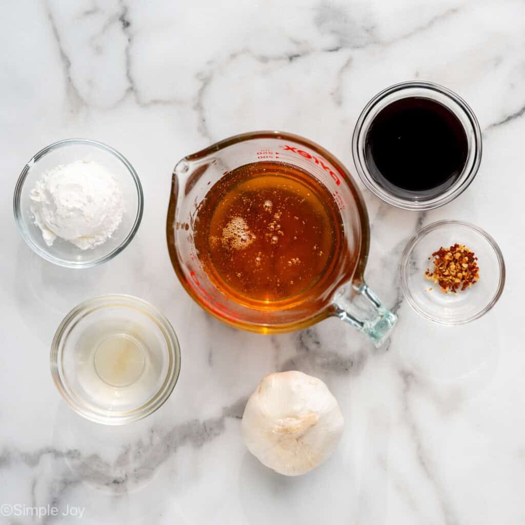 Overhead of ingredients to make Honey Garlic Chicken and Vegetables recipe