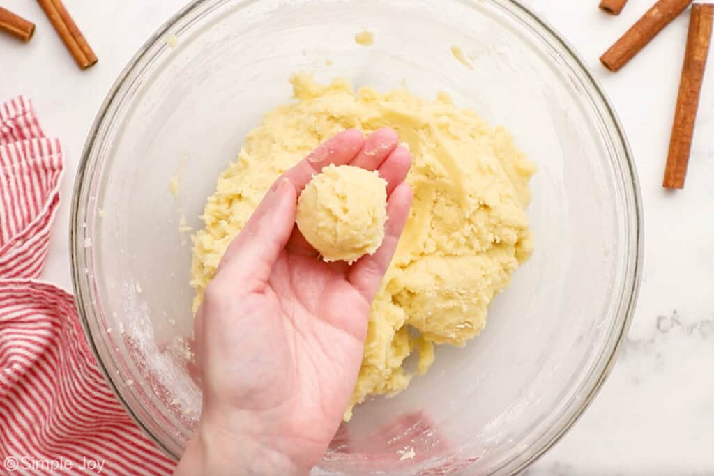 Overhead of glass bowl of Snickerdoodles dough with person's hand holding dough ball