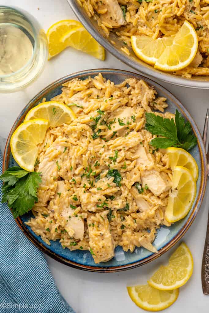 overhead of plate of One Pot Lemon Chicken and Orzo garnished with lemon slices and parsley