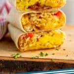 Pinterest graphic for Breakfast Burrito. Image shows three Breakfast Burritos. Says "Breakfast Burritos simplejoy.com"