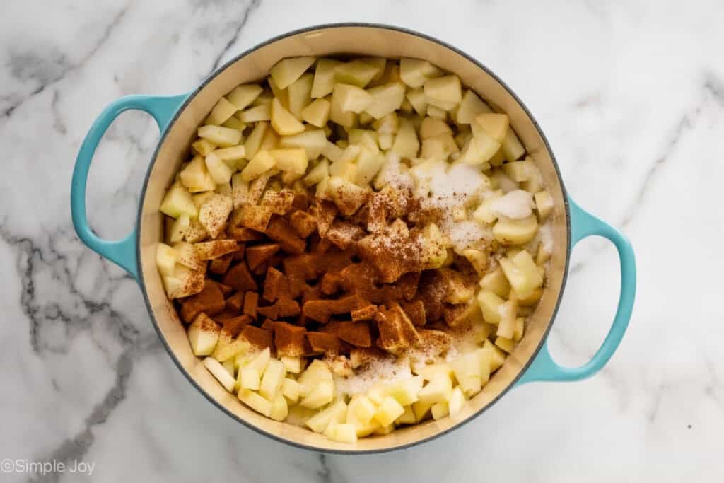 Overhead of large pot of applesauce ingredients to make homemade applesauce recipe
