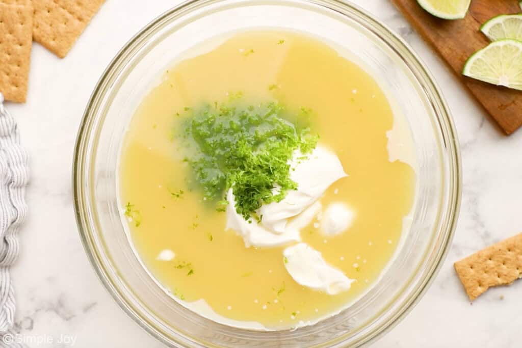Overhead of key lime pie filling ingredients